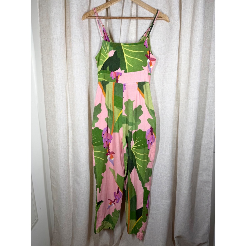 Farm Rio Tropicalistic Jumpsuit Pink Tropical Print Linen Blend Size P Pockets - Picture 4 of 9